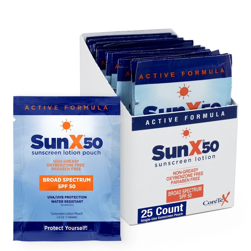 CoreTex Sun X 50 SPF Broad Spectrum Sunscreen Packets  Pack of 25 Paraben Oxybenzone Octinoxate  Oil Free Sunscreen  No White Cast and Water  Sweat Resistant Up to 80 Minutes